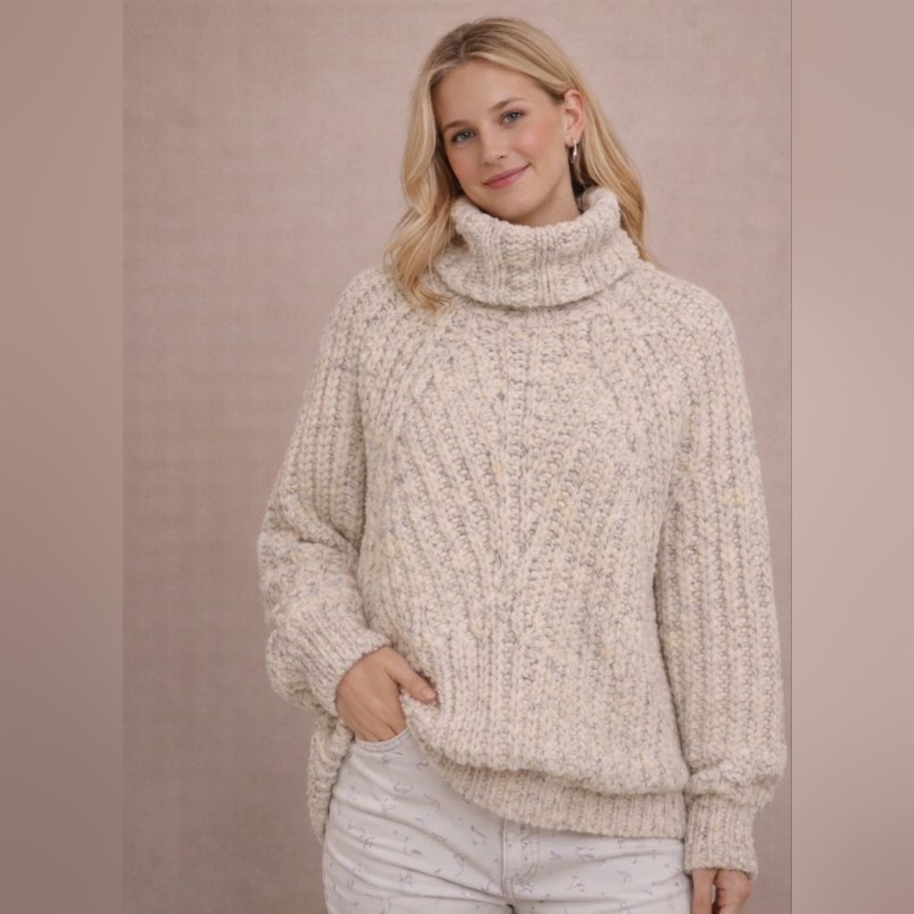 POL Cozy Chunky Knit Turtleneck Sweater White Oatmeal Cable Knit | Soft & Warm